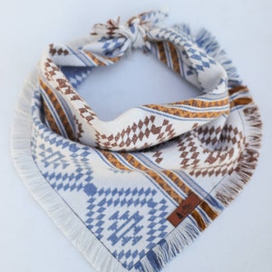 Pet Bandana "Tokatee" LIMITED EDITION Blue, Brown and White Aztec design Frayed Edges cotton flannel dog neck wear Dog clothes BoHo style