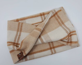 Dog infinity Scarf "Akerson" Twist Scarf in Cream and Tan plaid Cozy dog neck wear BoHo style