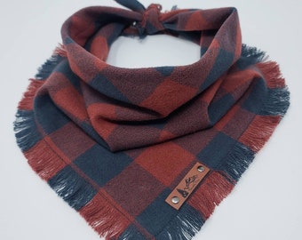 Dog Bandana "Henderson" in Brick Red and Charcoal Buffalo plaid Frayed Edges cotton flannel dog neck wear Dog Neckwear Dog clothes