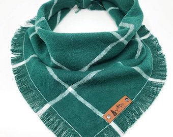 Dog Bandana "Evergreen" in Green and White plaid Frayed Edges cotton flannel dog neck wear Dog Neckwear Dog clothes