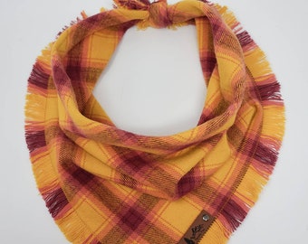 Dog Bandana "Fields" Golden Yellow and Pink plaid with Frayed Edges cotton flannel dog neck wear Dog Neckwear Dog clothes