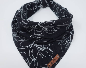 Dog Bandana "Ellis" in Black with White floral linen cotton blend neckwear Pet bandana