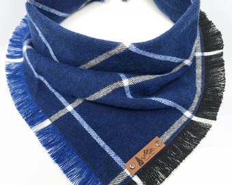 Dog Bandana "Waters Creek" in Blue and White plaid Frayed Edges cotton flannel dog neck wear Dog Neckwear Dog clothes