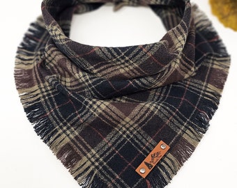 Dog Bandana "Maltby" Black and brown plaid with Frayed Edges cotton flannel dog neckwear, Dog clothes