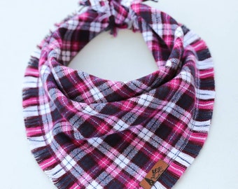 Dog Bandana "Adel" in Pink, Navy and White plaid Frayed Edges cotton flannel dog neck wear Dog Neckwear Dog clothes