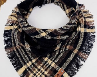 Dog Bandana "Lowden" Black and brown plaid with Frayed Edges cotton flannel dog neckwear, Dog clothes