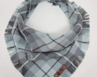 Pet Bandana "Mann Lake" light blue and grey plaid with Frayed Edges cotton Dog Neckwear BoHo cat