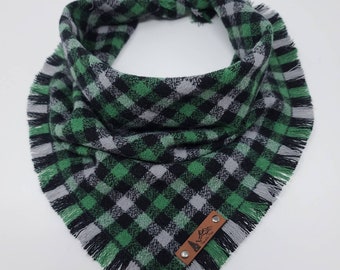 Dog Bandana "Meadows" Green, Gray and black micro Buffalo plaid with Frayed Edges cotton flannel dog neck wear Dog Neckwear Dog clothes