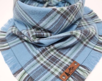 Dog Bandana "Steel Bay"  Blue and Gray plaid with Frayed Edges cotton flannel dog neck wear Dog Neckwear Dog clothes