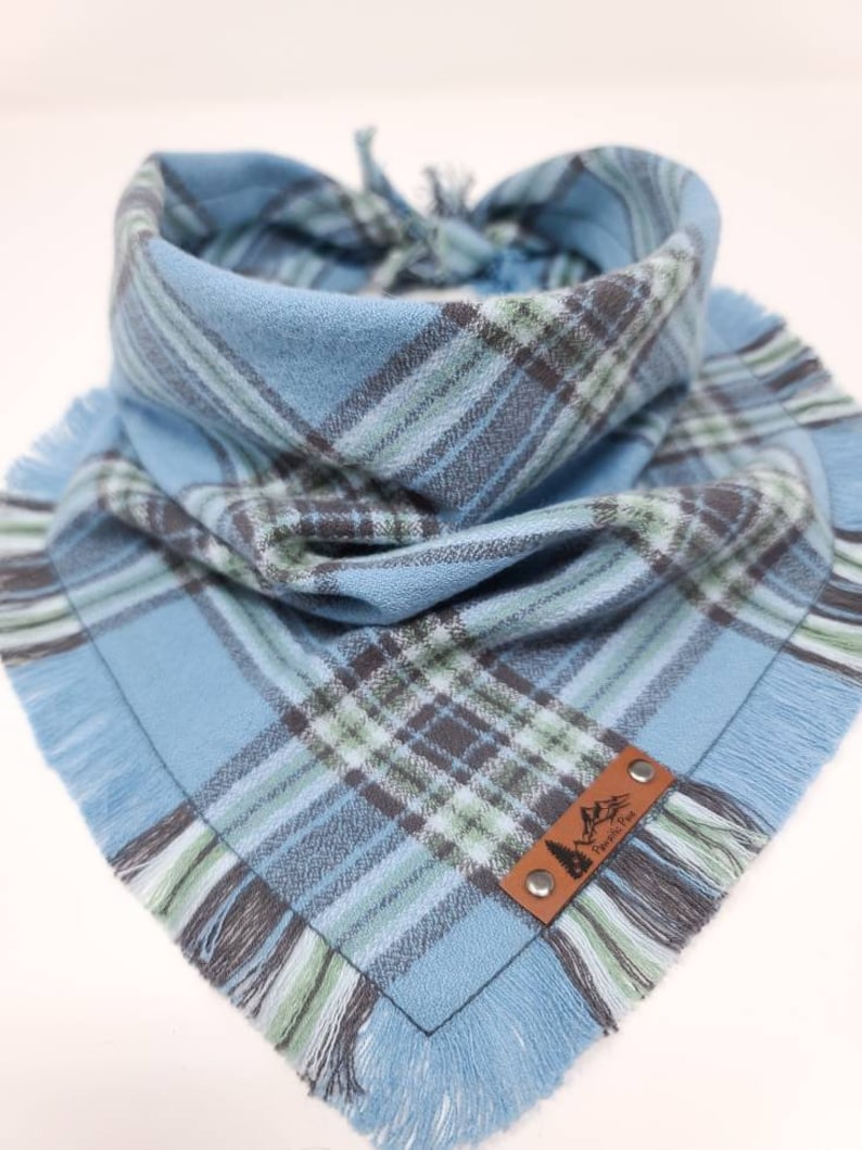 Dog Bandana Steel Bay Blue and Gray plaid with Frayed Edges cotton flannel dog neck wear Dog Neckwear Dog clothes image 1