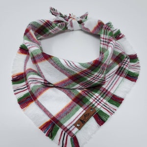 Dog Bandana "Twisp" in White, Red and Green plaid Frayed Edges cotton flannel dog neck wear Dog Neckwear Dog clothes