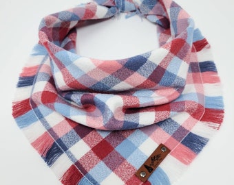 Dog Bandana "Matties"  Blue, Red/Pink and White plaid with Frayed Edges cotton Dog Neckwear Cat clothes