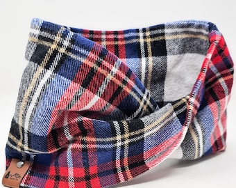 Pet infinity Scarf "Fairview" Twist Scarf White, Red and Blue plaid flannel dog neck wear BoHo style