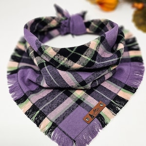 Dog Bandana "Berry Rock" Purple and Black plaid with Frayed Edges cotton flannel dog neckwear, Dog clothes