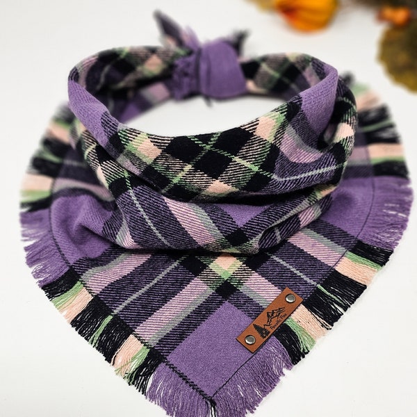 Dog Bandana "Berry Rock" Purple and Black plaid with Frayed Edges cotton flannel dog neckwear, Dog clothes