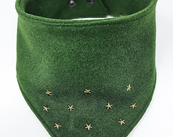 Dog Bandana "Stars" Green Embellished Wool Snap on bandana