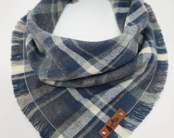 Dog Bandana "Drewsey"  Blue, Cream and Gray plaid with Frayed Edges cotton flannel dog neck wear Dog Neckwear Dog clothes
