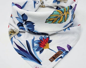 Dog Bandana "Cobalt Tropic" in White floral linen cotton blend neckwear Pet bandana BoHo Pet