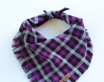 Dog Bandana "Oregon Grape" Purple, Black and Grey plaid with Frayed Edges cotton flannel dog neck wear Dog Neckwear Dog clothes