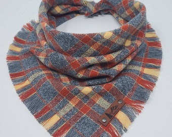 Dog Bandana "Terrebonne" in Gray  and Orange plaid Frayed Edges cotton flannel dog neck wear Dog Neckwear Dog clothes
