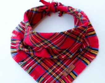 PET Bandana "Swisshome" Red and Black Tartan plaid with Frayed Edges cotton flannel Dog neck wear BoHo Cat