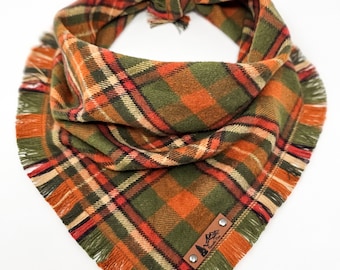 Pet Bandana "Harvest" Green and Orange plaid with Frayed Edges cotton flannel dog neckwear, Dog clothes