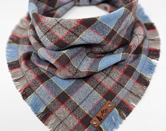 Pet Bandana "Bickleton" Blue and Brown plaid with Frayed Edges cotton flannel dog neckwear, Dog clothes