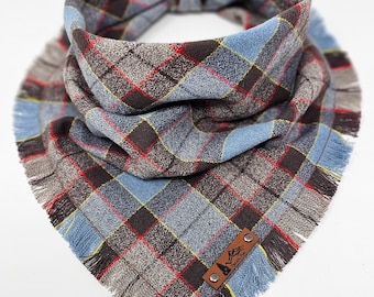 Pet Bandana "Bickleton" Blue and Brown plaid with Frayed Edges cotton flannel dog neckwear, Dog clothes