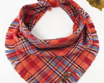 Pet Bandana "Paulina" Orange,  Red and Blue plaid with Frayed Edges cotton flannel dog neckwear, Dog clothes