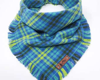 Dog Bandana "Evans" Blue and Green plaid with Frayed Edges cotton flannel dog neck wear Dog Neckwear Dog clothes