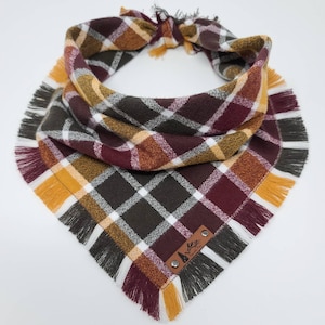 Dog Bandana "Rolling Hills" in Brown, Burgundy and Green plaid Frayed Edges cotton flannel dog neck wear Dog Neckwear Dog clothes