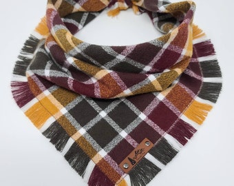 Dog Bandana "Rolling Hills" in Brown, Burgundy and Green plaid Frayed Edges cotton flannel dog neck wear Dog Neckwear Dog clothes