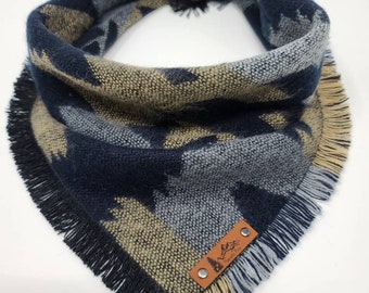 Dog Bandana "Omak" LIMITED EDITION Gray, Tan and Black Aztec design Frayed Edges Acrylic dog neck wear Dog clothes BoHo style