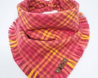 Dog Bandana "Peavine" Coral and Yellow plaid with Frayed Edges cotton flannel dog neck wear Dog Neckwear Dog clothes