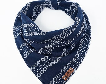 Pet Bandana "Blue Goose" Navy Blue with White embroidered detail cotton woven dog neck wear BoHo style cat