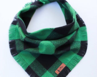 Dog Bandana "Ponderosa" in Green and Black buffalo plaid Frayed Edges cotton flannel dog neck wear Dog Neckwear Dog clothes