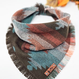 Pet Bandana &quot;Yaquina&quot; LIMITED EDITION Brown, Orange and Blue Aztec design Frayed Edges Acrylic dog neck wear Dog clothes BoHo style