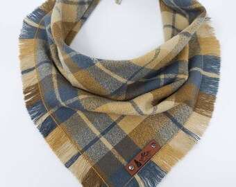 Dog Bandana "Brewster" in Gold and Blue plaid Frayed Edges cotton flannel dog neck wear Dog Neckwear Dog clothes