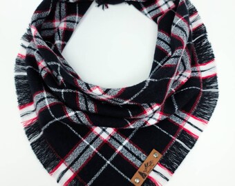 Dog Bandana "Depoe Bay"  Black and White plaid with Frayed Edges cotton flannel dog neck wear Dog Neckwear Dog clothes