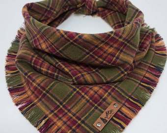 Pet Bandana "Krumbo Butte" Green, Burgundy and Black plaid with Frayed Edges DOG CAT BoHo clothes
