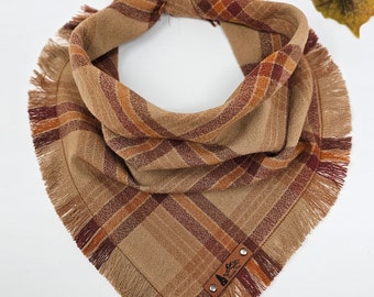 Dog Bandana "Colfax" Brown and Tan plaid with Frayed Edges cotton flannel dog neckwear, Dog clothes