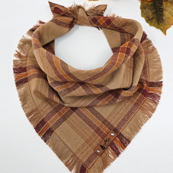 Dog Bandana "Colfax" Brown and Tan plaid with Frayed Edges cotton flannel dog neckwear, Dog clothes