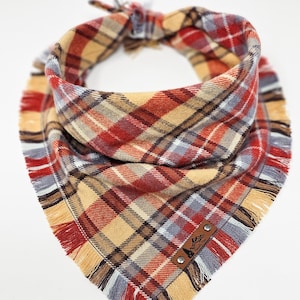 Pet Bandana "Table Rock" Gold, Blue and Red plaid with Frayed Edges cotton flannel dog neckwear, Dog clothes
