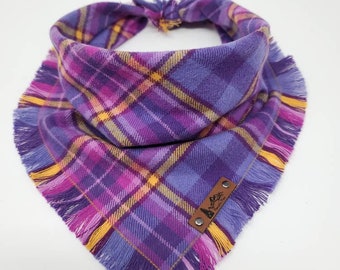Dog Bandana "Tule Springs" Purple and Gold plaid with Frayed Edges cotton flannel dog neck wear Dog Neckwear Dog clothes