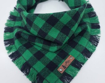 Dog Bandana "Sugar Pine" Green and Black mini Buffalo plaid with Frayed Edges cotton flannel dog neck wear Dog Neckwear Dog clothes