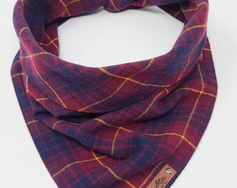 Dog Bandana "Maroon Bells" Maroon, Blue and Gold plaid cotton flannel dog neck wear Dog clothes BoHo style