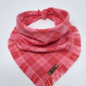 Dog Bandana "Porcher" Coral and Yellow  plaid with Frayed Edges cotton flannel dog neckwear, Dog clothes