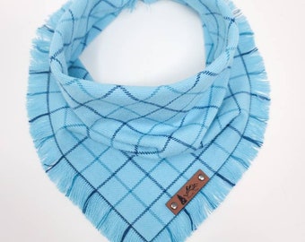 Dog Bandana "Otis" Blue plaid with Frayed Edges cotton flannel dog neckwear, Dog clothes