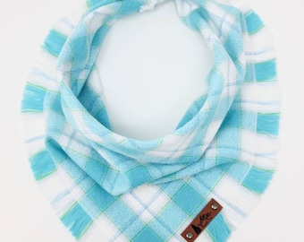 Dog Bandana "Pacific City"  Blue and White plaid with Frayed Edges cotton BoHo dog and cat