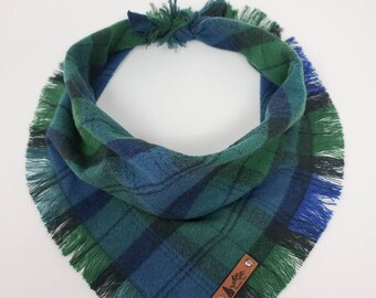 Dog Bandana "Blitzen" Blue, Green and Black plaid with Frayed Edges cotton flannel dog neck wear Dog Neckwear Dog clothes